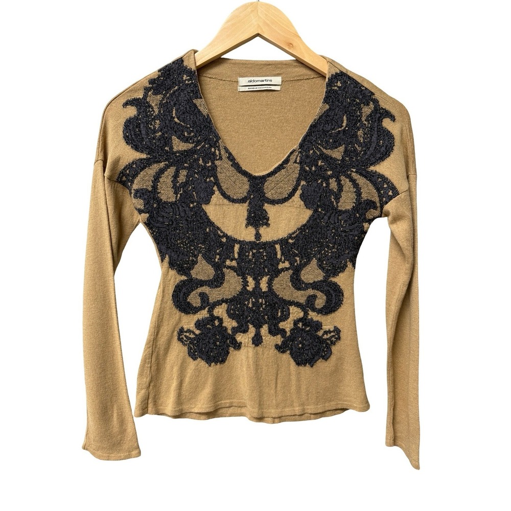 Aldomartins Sweater Womens 4 Tan Black Silk Wool Blend Intarsia V-Neck Knit Top